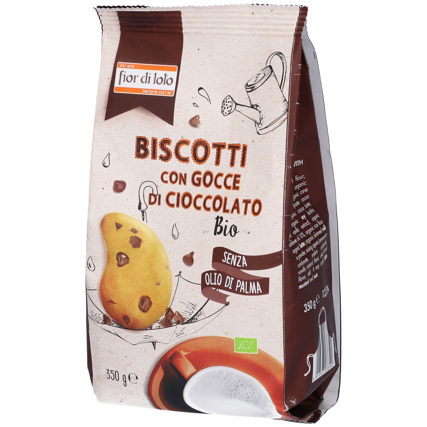 Confezione di biscotti con gocce di cioccolato. Scritta: "Biscotti con Gocce di Cioccolato Bio". 350g.