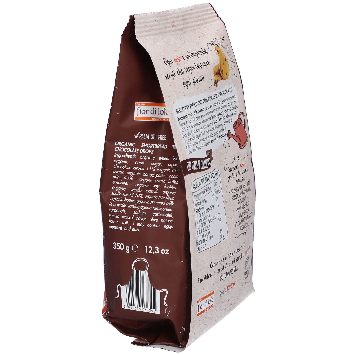 Vista laterale della confezione di biscotti con gocce di cioccolato. Testo sugli ingredienti e valori nutrizionali. 350g.