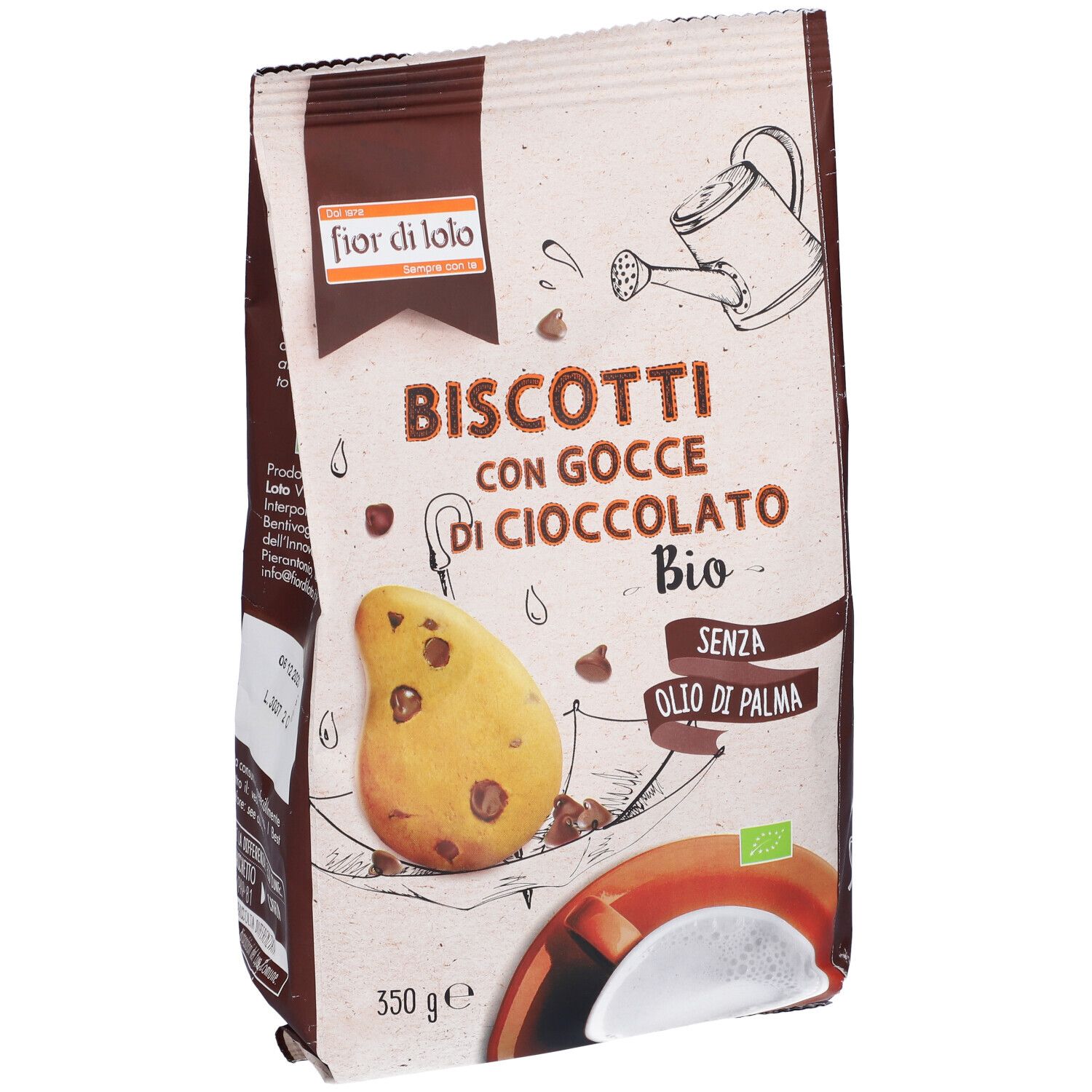 Confezione di biscotti con gocce di cioccolato. Scritta: "Biscotti con Gocce di Cioccolato Bio". 350g.