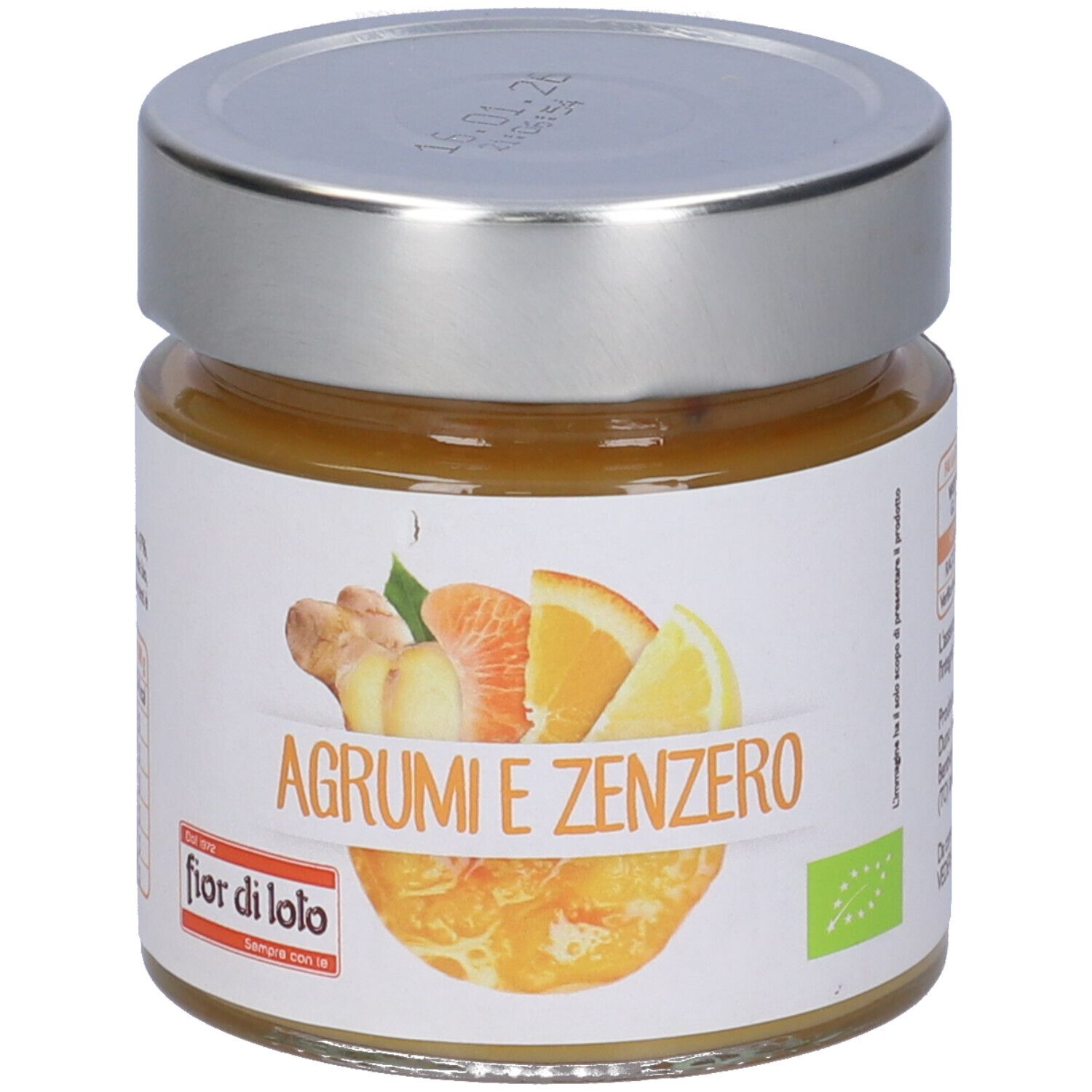 Vasetto con etichetta "Agrumi e Zenzero". Illustrazione di zenzero, arancia e limone. Sigillo bio. Marchio: fior di loto.