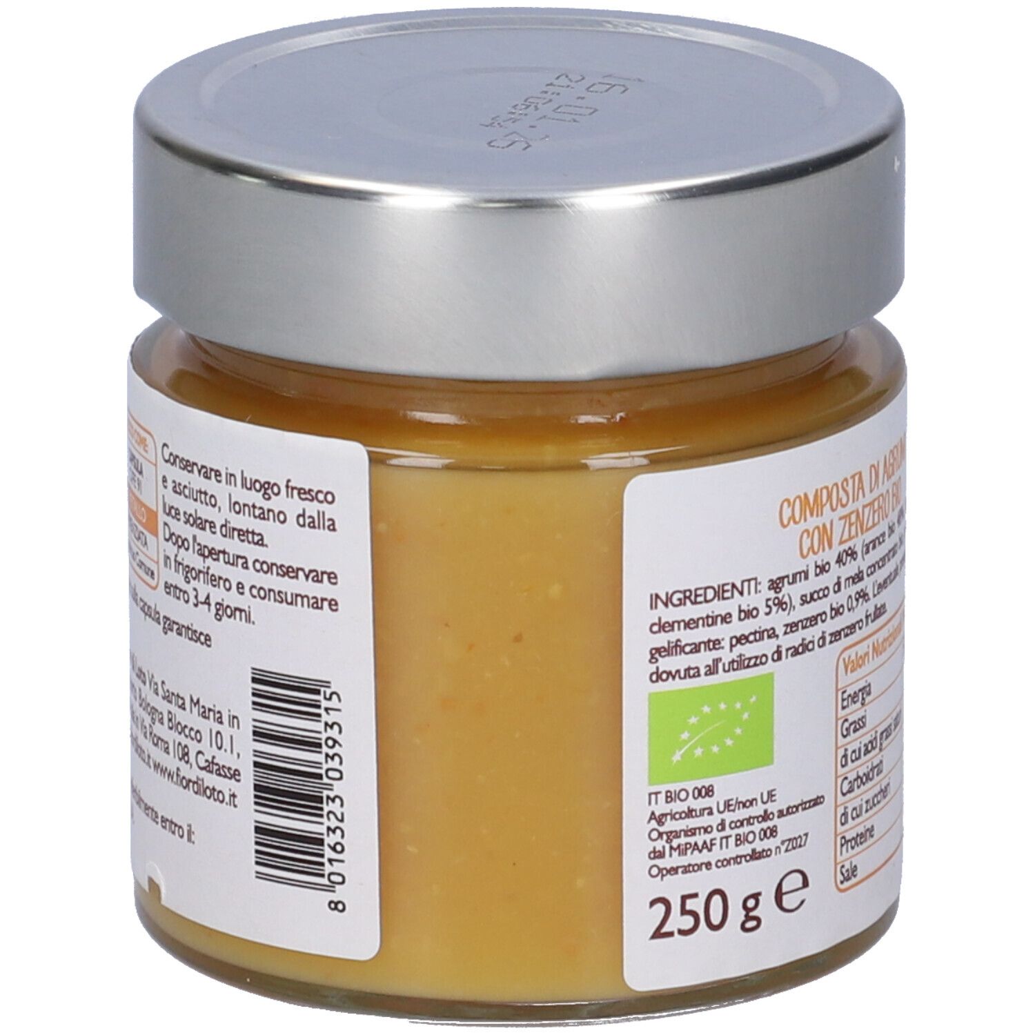 Vasetto con retro etichetta. Ingredienti e valori nutrizionali. Sigillo bio. Marchio: fior di loto. Contiene 250g.