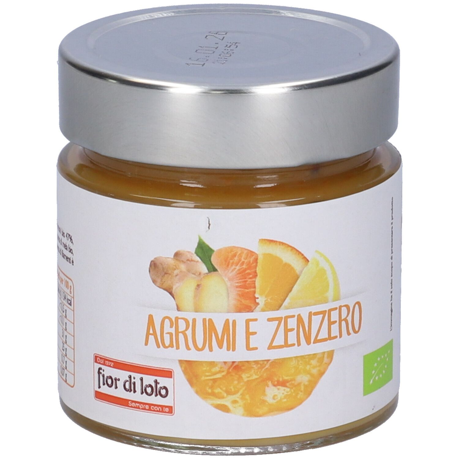 Vasetto con etichetta "Agrumi e Zenzero". Illustrazione di zenzero, arancia e limone. Sigillo bio. Marchio: fior di loto.