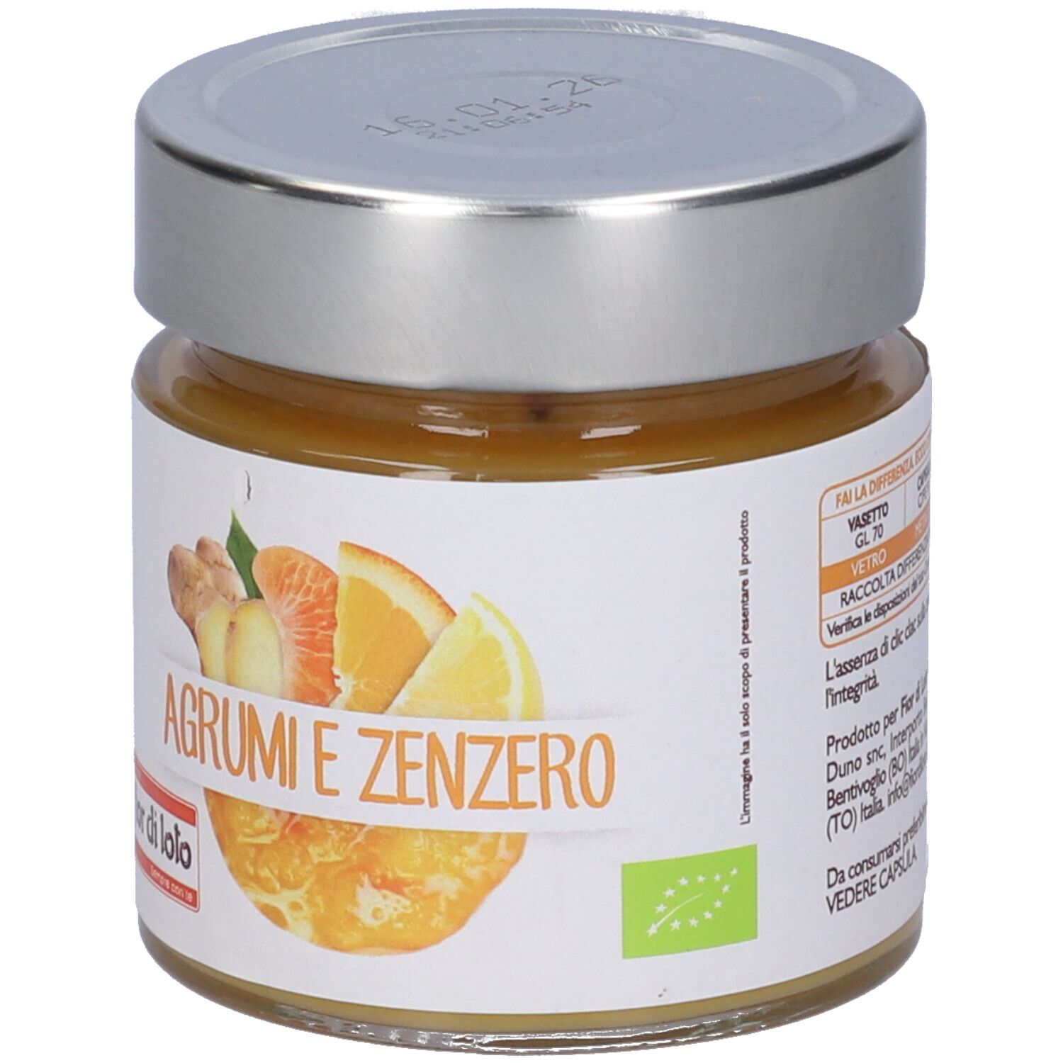 Vasetto con etichetta "Agrumi e Zenzero". Illustrazione di zenzero, arancia e limone. Sigillo bio. Marchio: fior di loto.