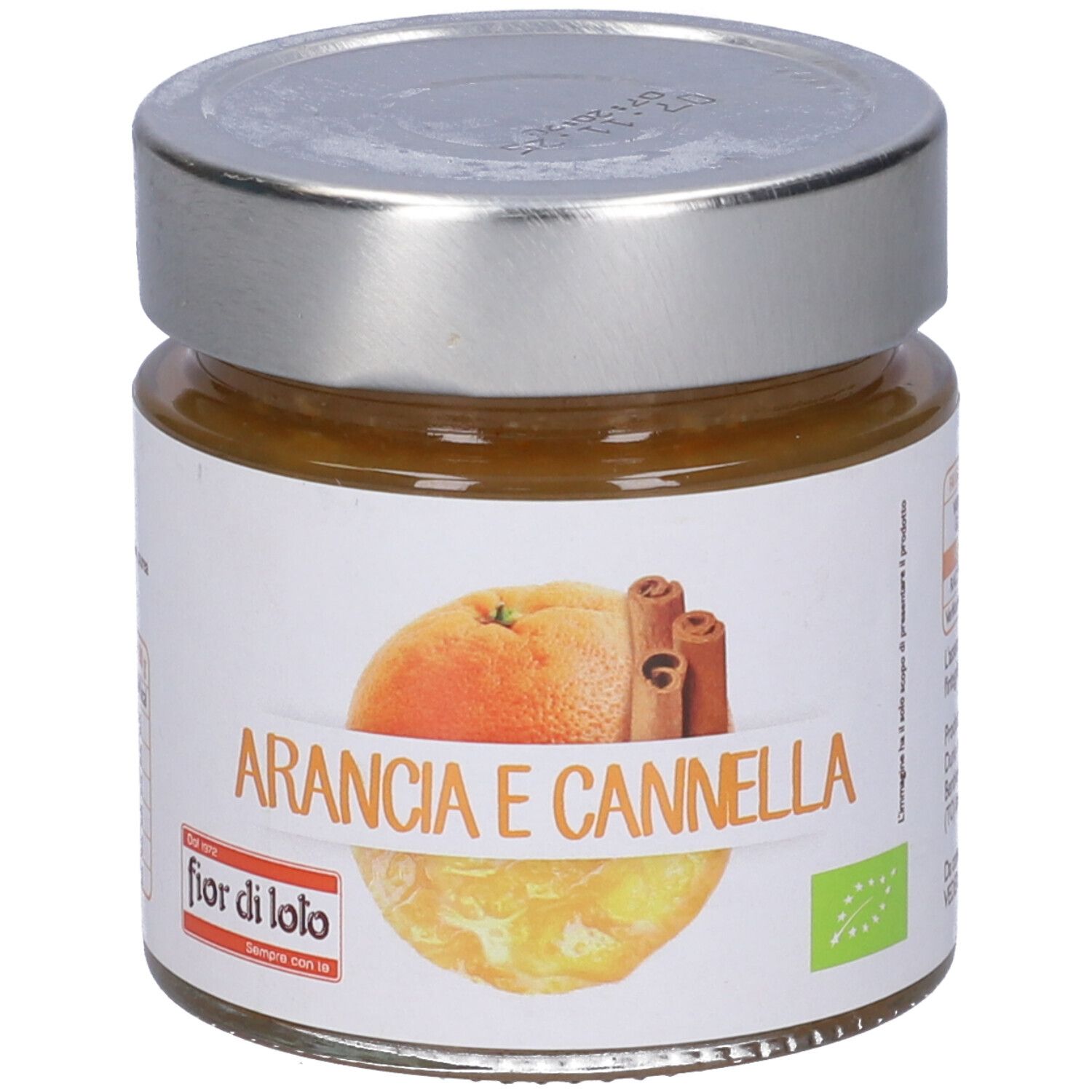 Vasetto con etichetta. Scritta: Arancia e Cannella. Immagine: arancia e bastoncini di cannella. Sigillo bio.
