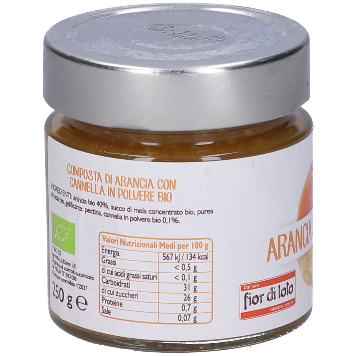 Vasetto con etichetta. Scritta: Arancia e Cannella. Retro con ingredienti e valori nutrizionali. Sigillo bio.