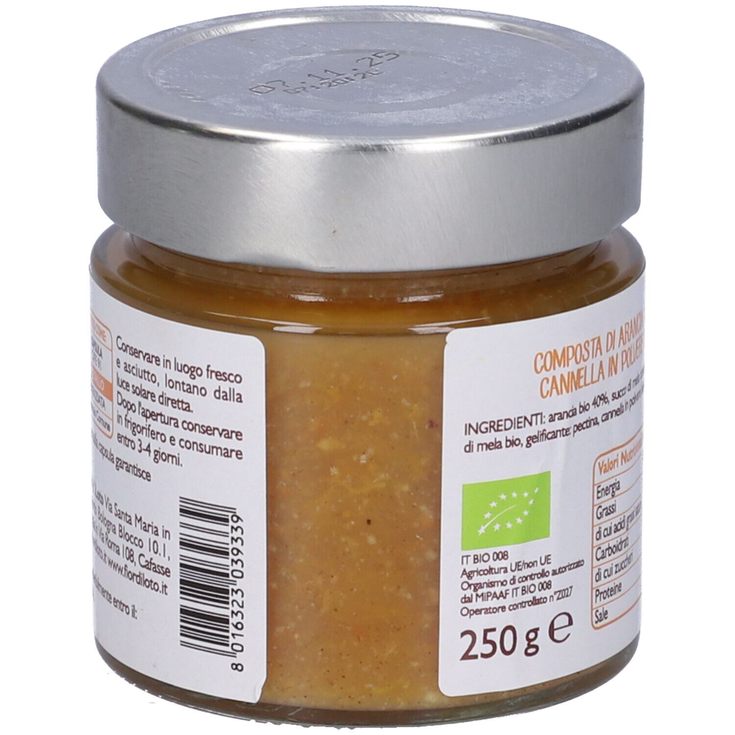 Vasetto con etichetta. Scritta: Arancia e Cannella. Retro con ingredienti e valori nutrizionali. Sigillo bio.