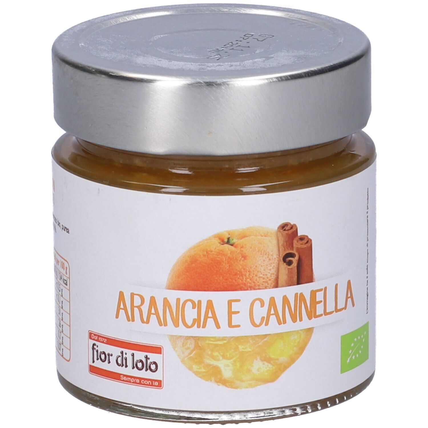 Vasetto con etichetta. Scritta: Arancia e Cannella. Immagine: arancia e bastoncini di cannella. Sigillo bio.