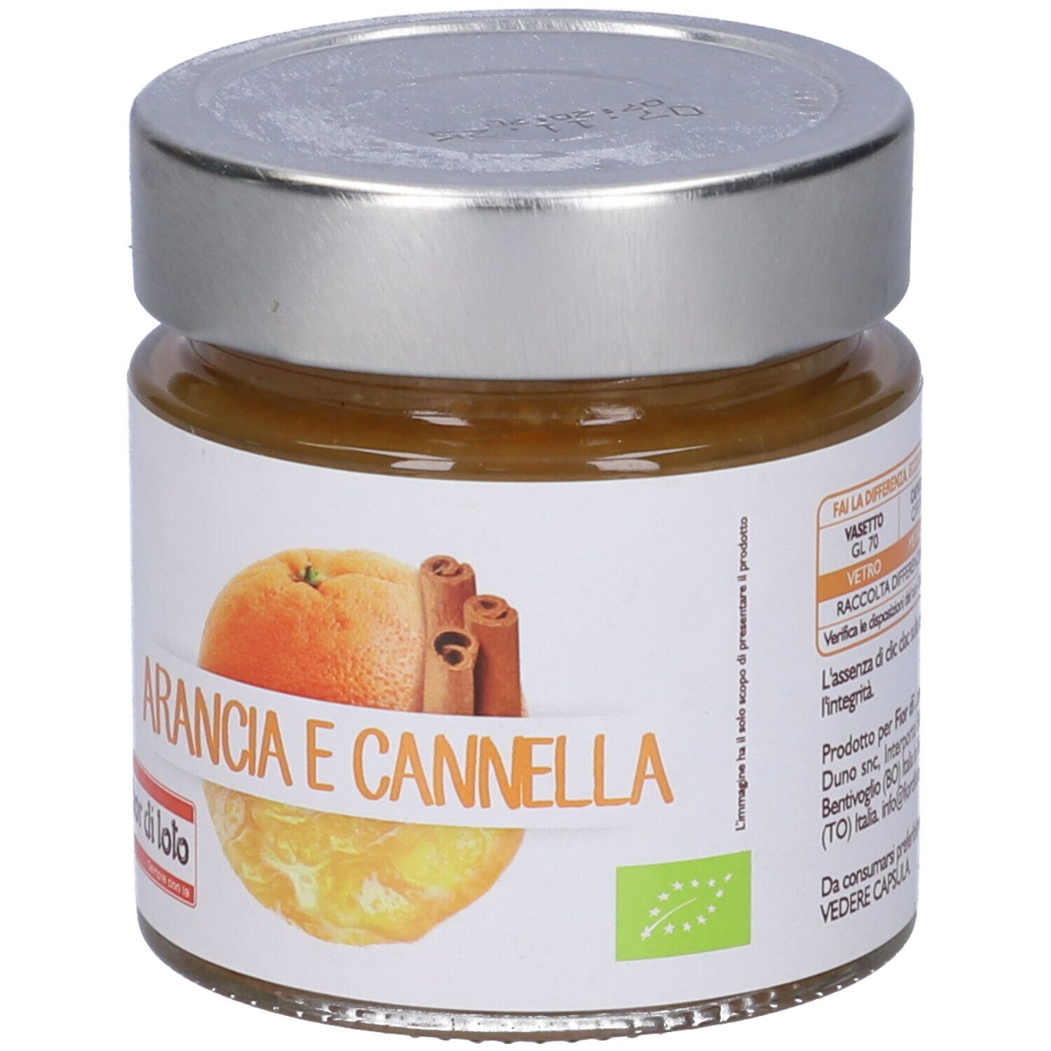 Vasetto con etichetta. Scritta: Arancia e Cannella. Immagine: arancia e bastoncini di cannella. Sigillo bio.