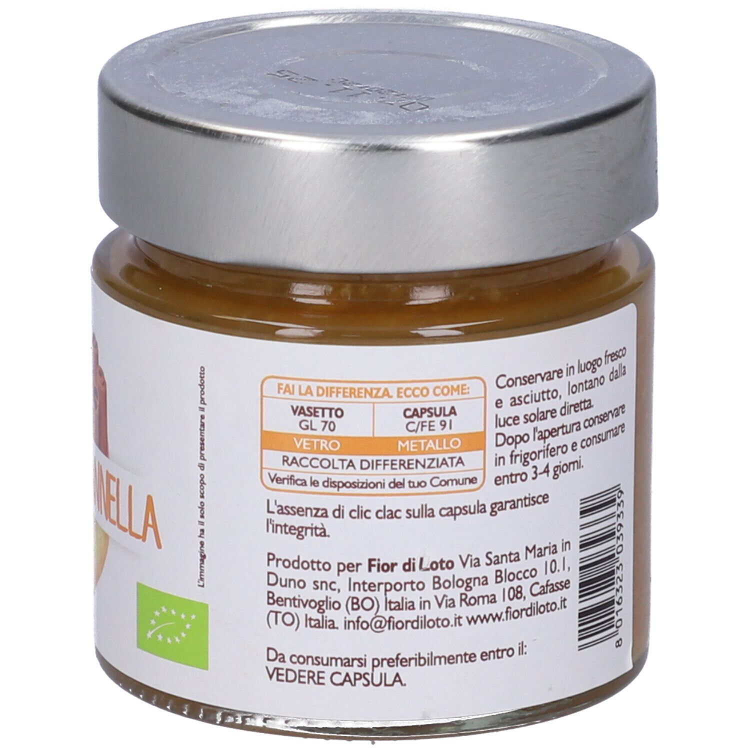 Vasetto con etichetta. Scritta: Arancia e Cannella. Retro con informazioni. Sigillo bio.