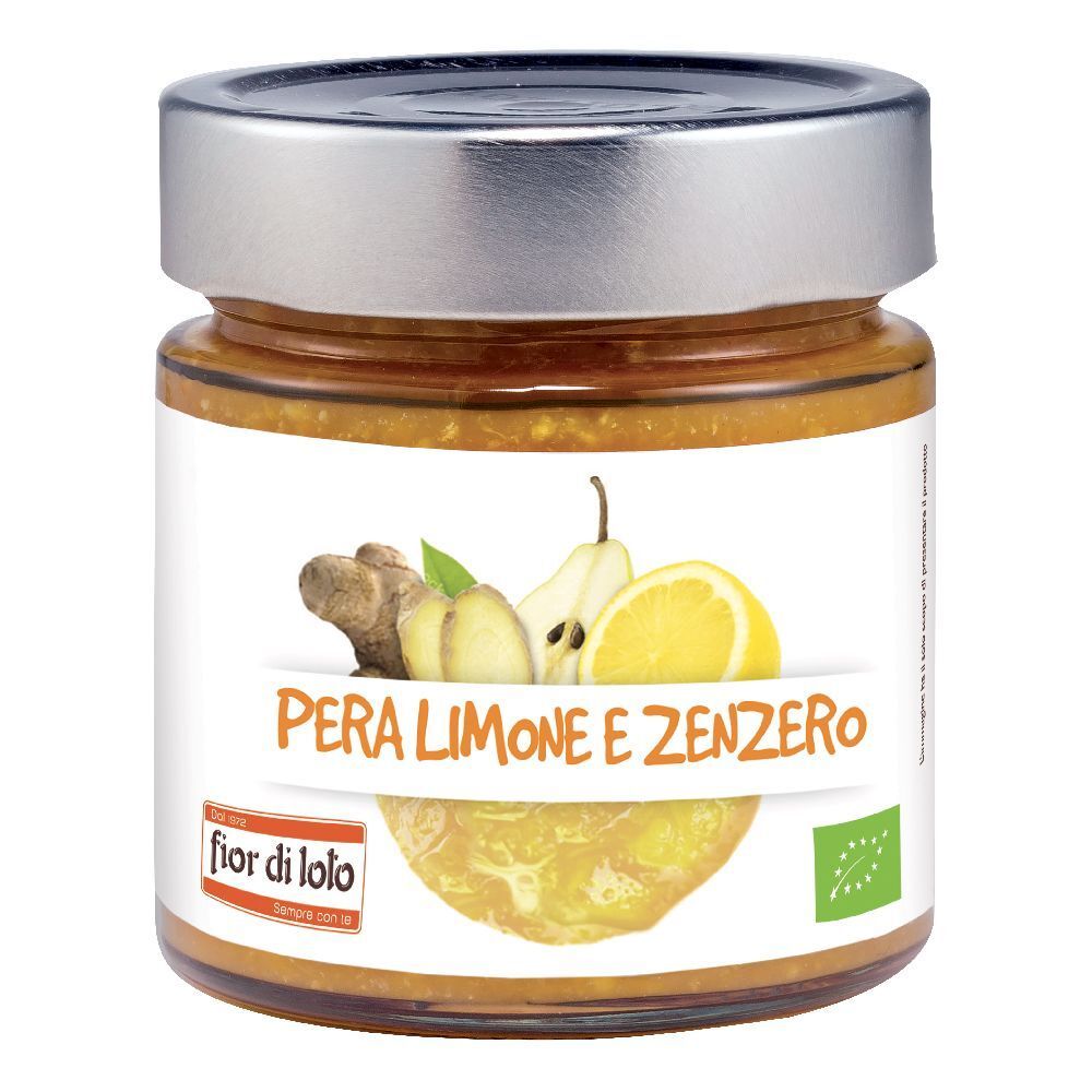 Vasetto con etichetta. Scritta: Pera Limone e Zenzero. Immagine di pera, limone e zenzero. Certificazione bio.