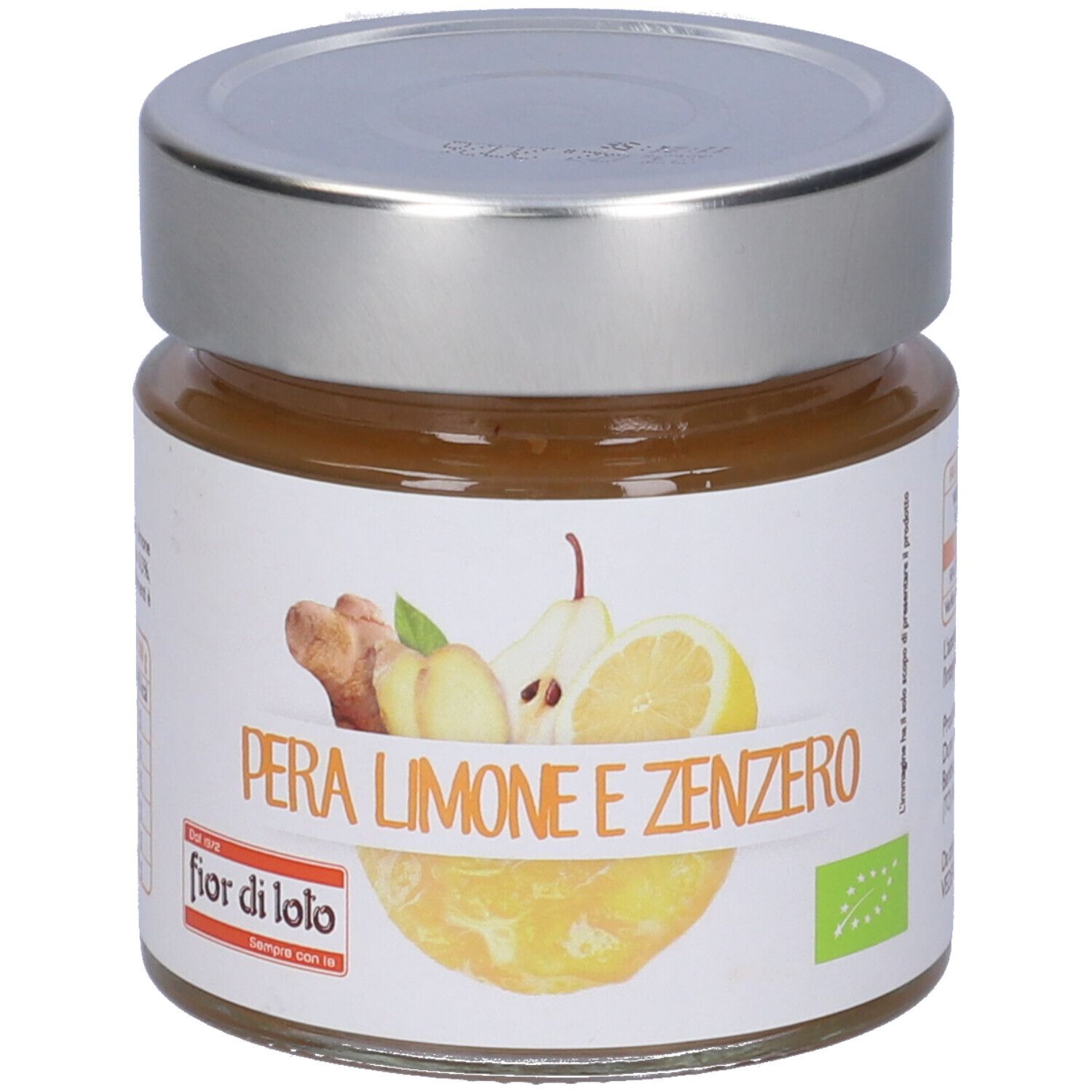 Vasetto con etichetta. Scritta: Pera Limone e Zenzero. Immagine di pera, limone e zenzero. Certificazione bio.