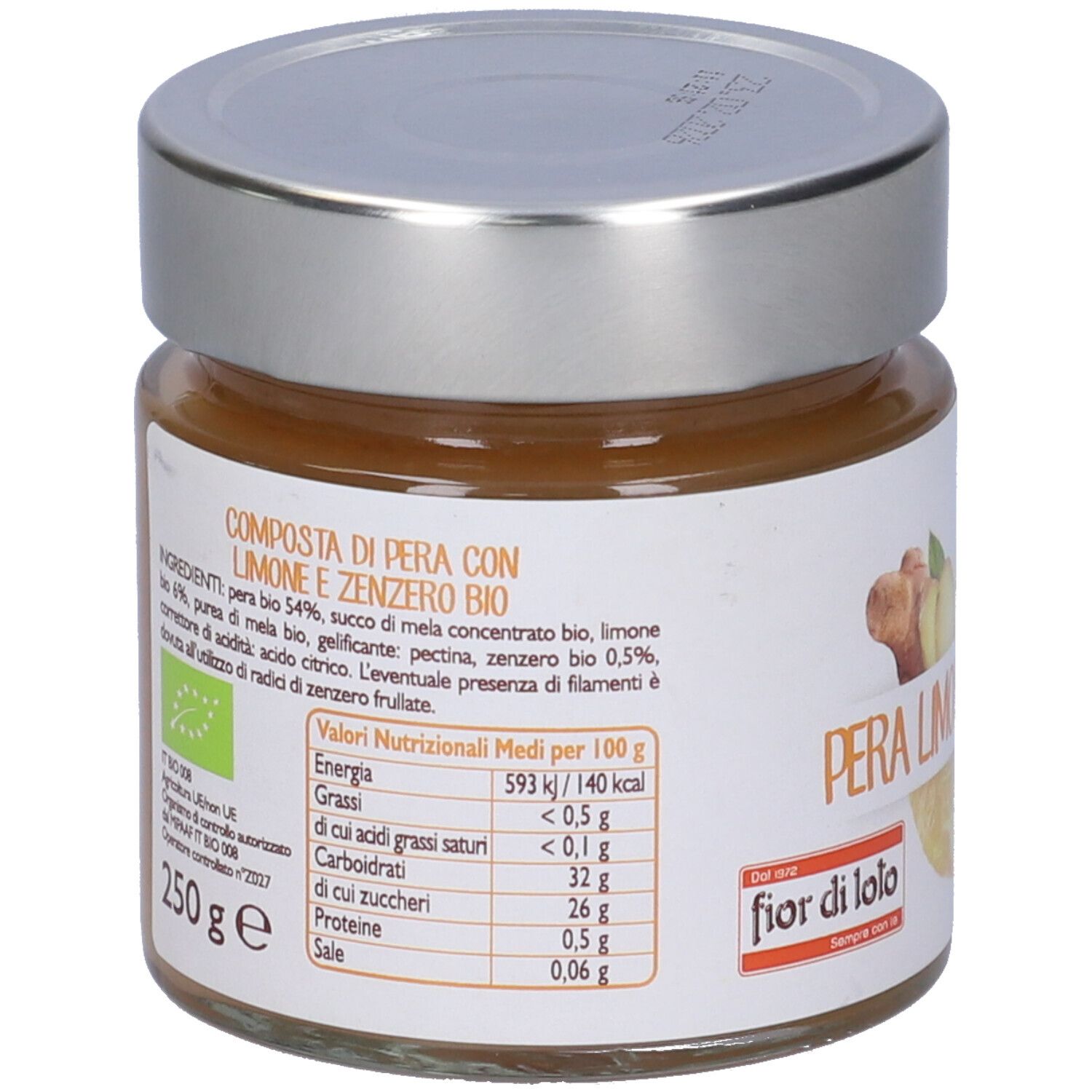 Vasetto, retro con elenco ingredienti e valori nutrizionali. Certificazione bio. Scritta: Composta di Pera con Limone e Zenzero Bio.