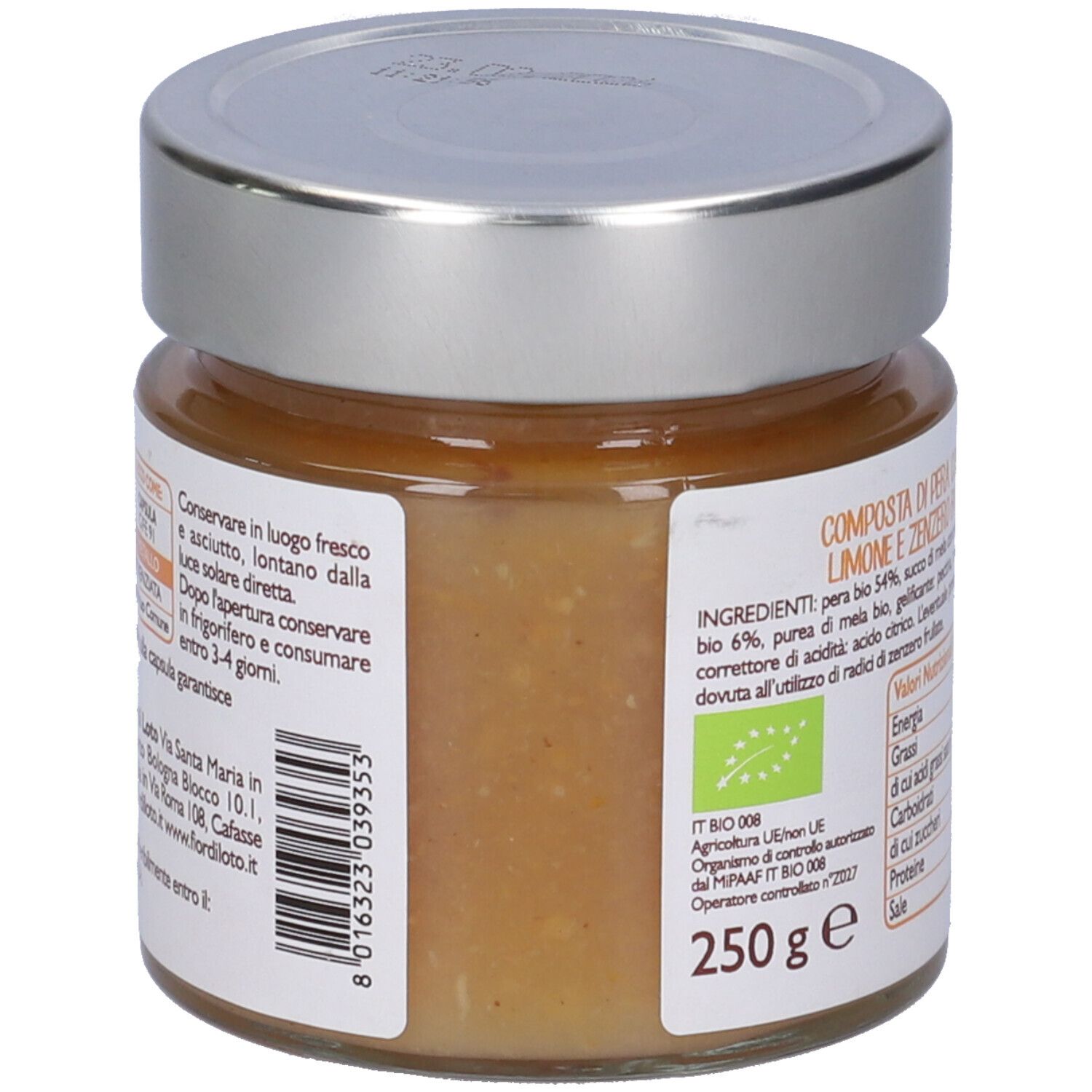 Vasetto, retro con elenco ingredienti e valori nutrizionali. Certificazione bio. Scritta: Composta di Pera con Limone e Zenzero Bio.