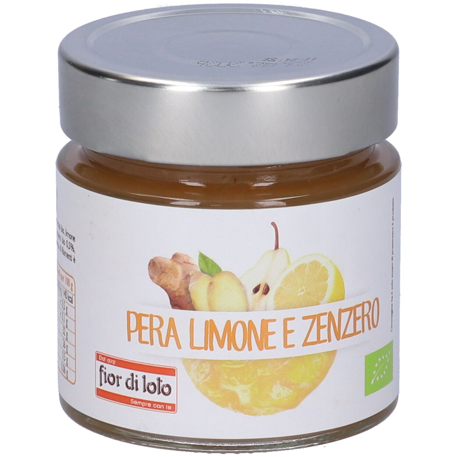 Vasetto con etichetta. Scritta: Pera Limone e Zenzero. Immagine di pera, limone e zenzero. Certificazione bio.