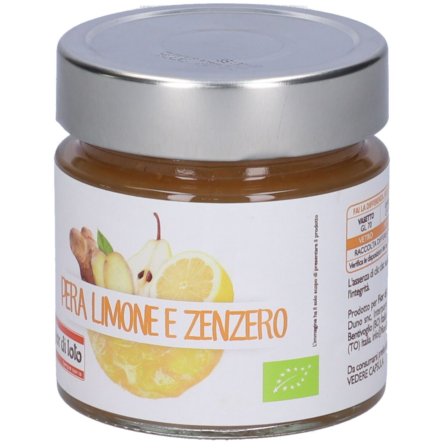 Vasetto con etichetta. Scritta: Pera Limone e Zenzero. Immagine di pera, limone e zenzero. Certificazione bio.