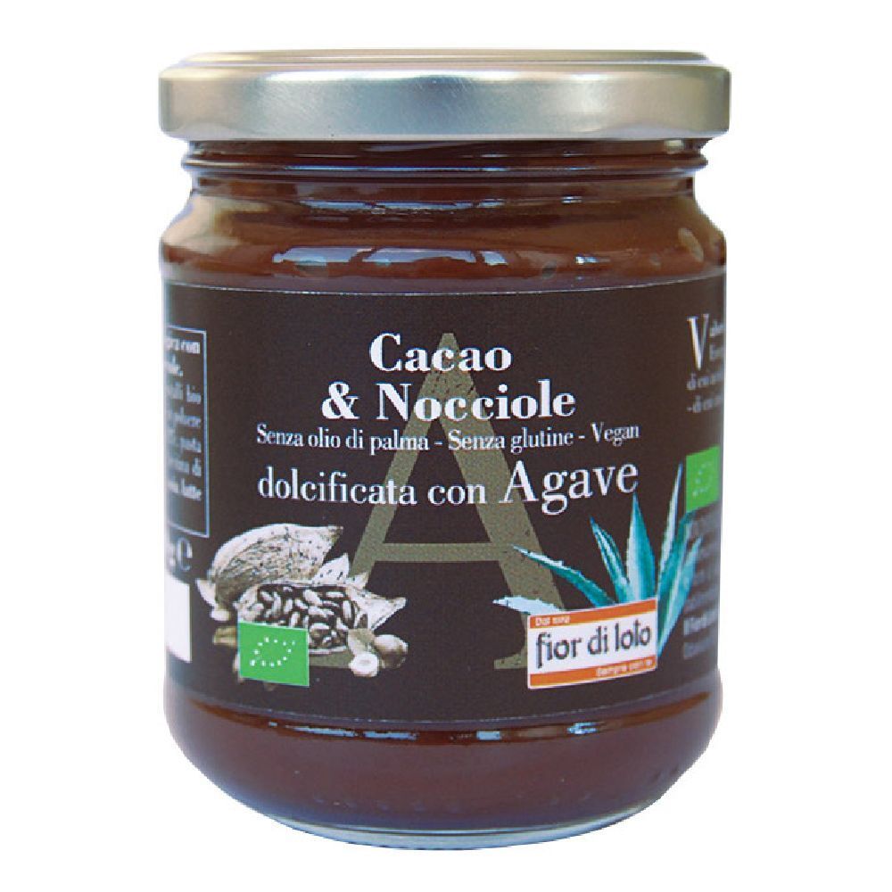 Vasetto di crema Cacao & Nocciole, senza olio di palma, senza glutine, vegana, dolcificata con agave. Certificazione bio.