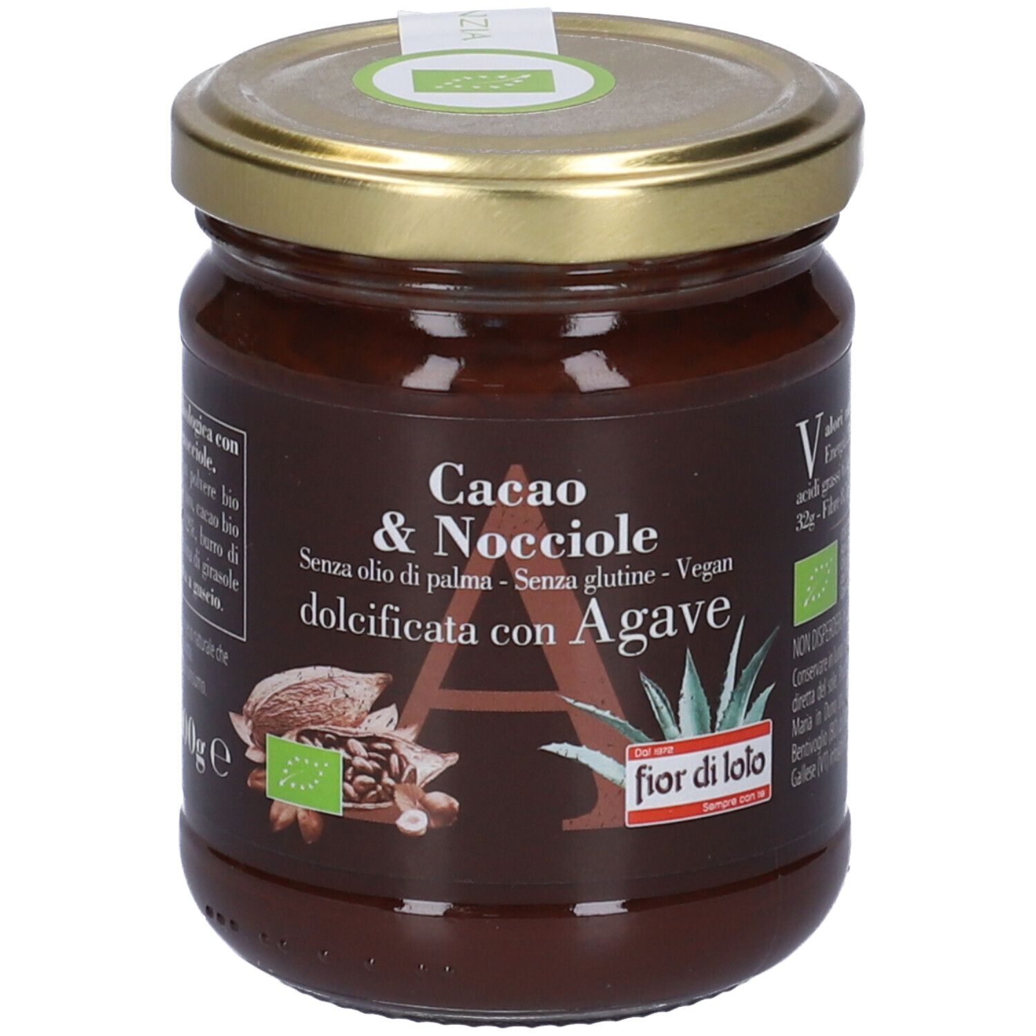 Vasetto di crema Cacao & Nocciole, senza olio di palma, senza glutine, vegana, dolcificata con agave. Coperchio dorato e certificazione bio.