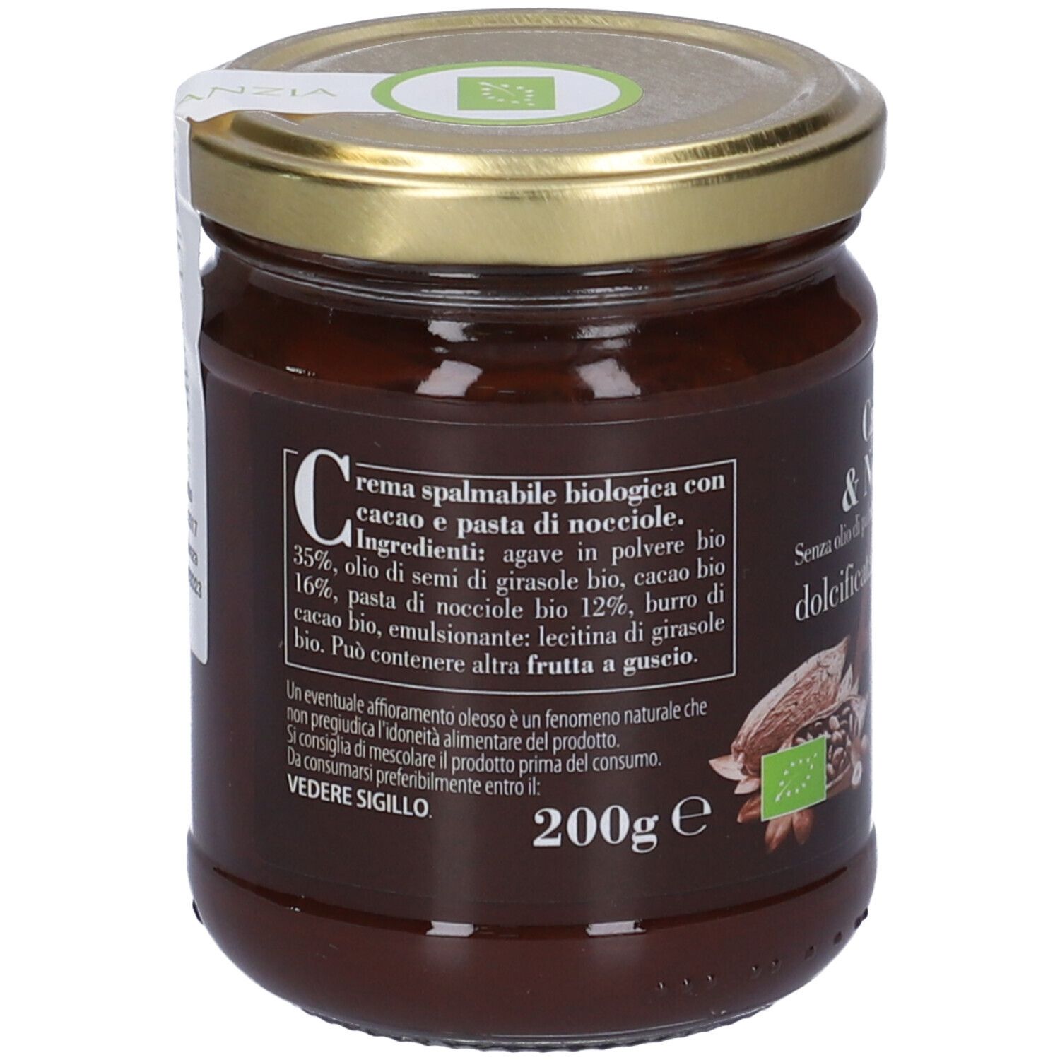 Vasetto di crema Cacao & Nocciole, senza olio di palma, senza glutine, vegana, dolcificata con agave. Retro con lista ingredienti e certificazione bio.