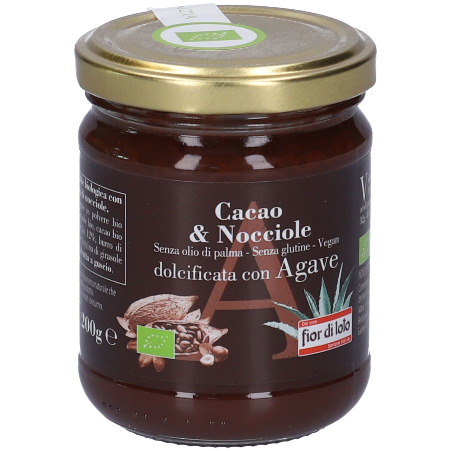 Vasetto di crema Cacao & Nocciole, senza olio di palma, senza glutine, vegana, dolcificata con agave. Certificazione bio, coperchio dorato. 200g.