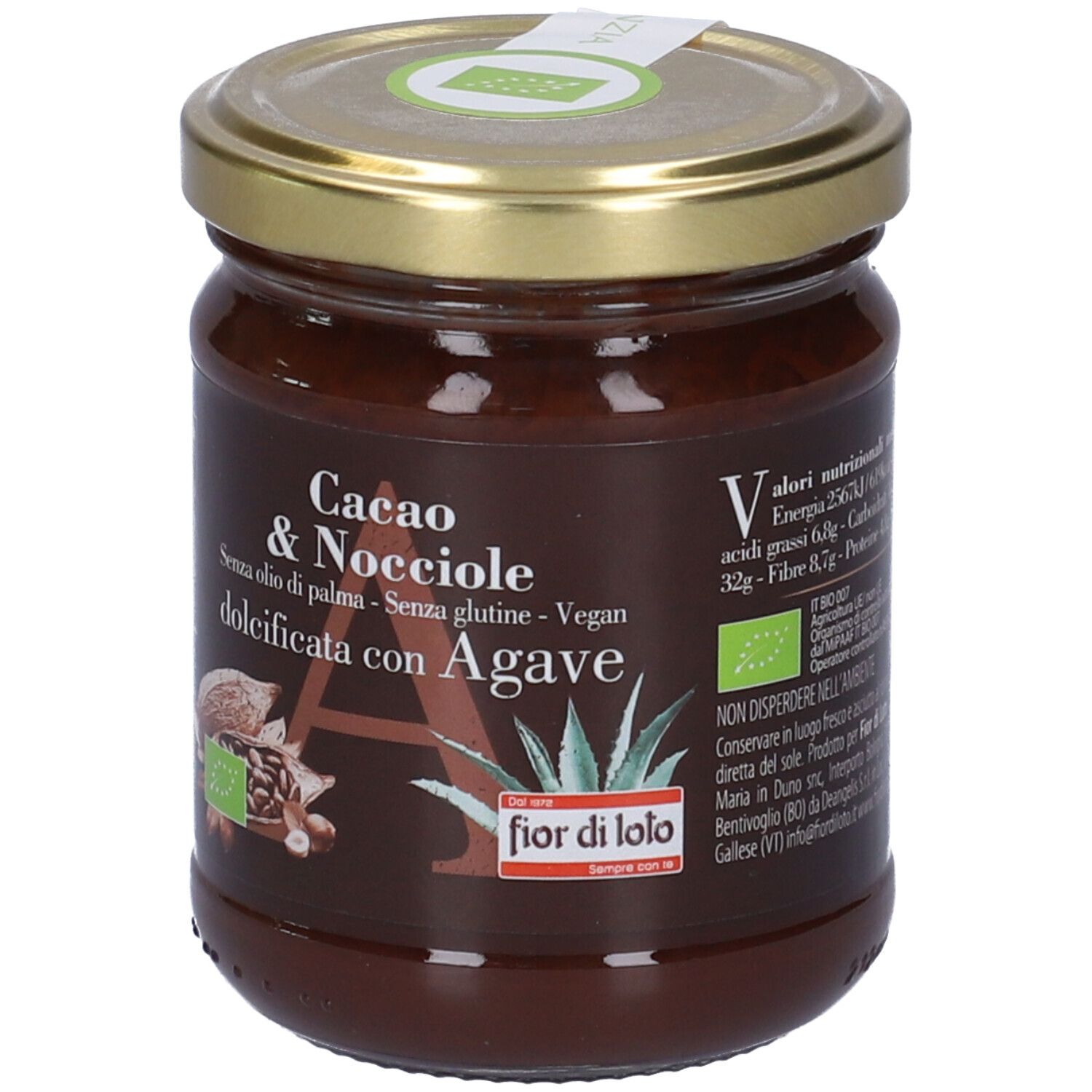 Vasetto di crema Cacao & Nocciole, senza olio di palma, senza glutine, vegana, dolcificata con agave. Valori nutrizionali e certificazione bio.