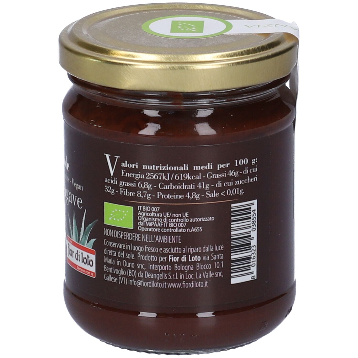 Vasetto di crema Cacao & Nocciole, senza olio di palma, senza glutine, vegana, dolcificata con agave. Valori nutrizionali, certificazione bio e contatti.