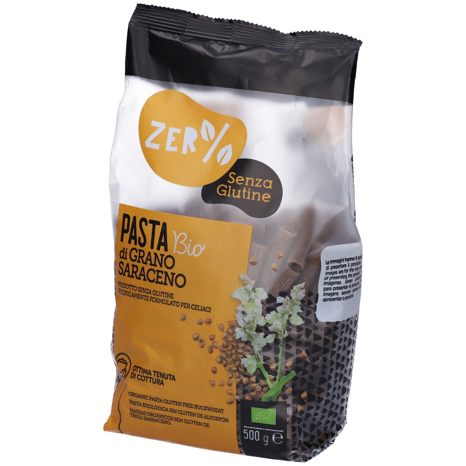 Confezione di rigatoni di grano saraceno. Confezione nera e trasparente con nome del prodotto e logo.