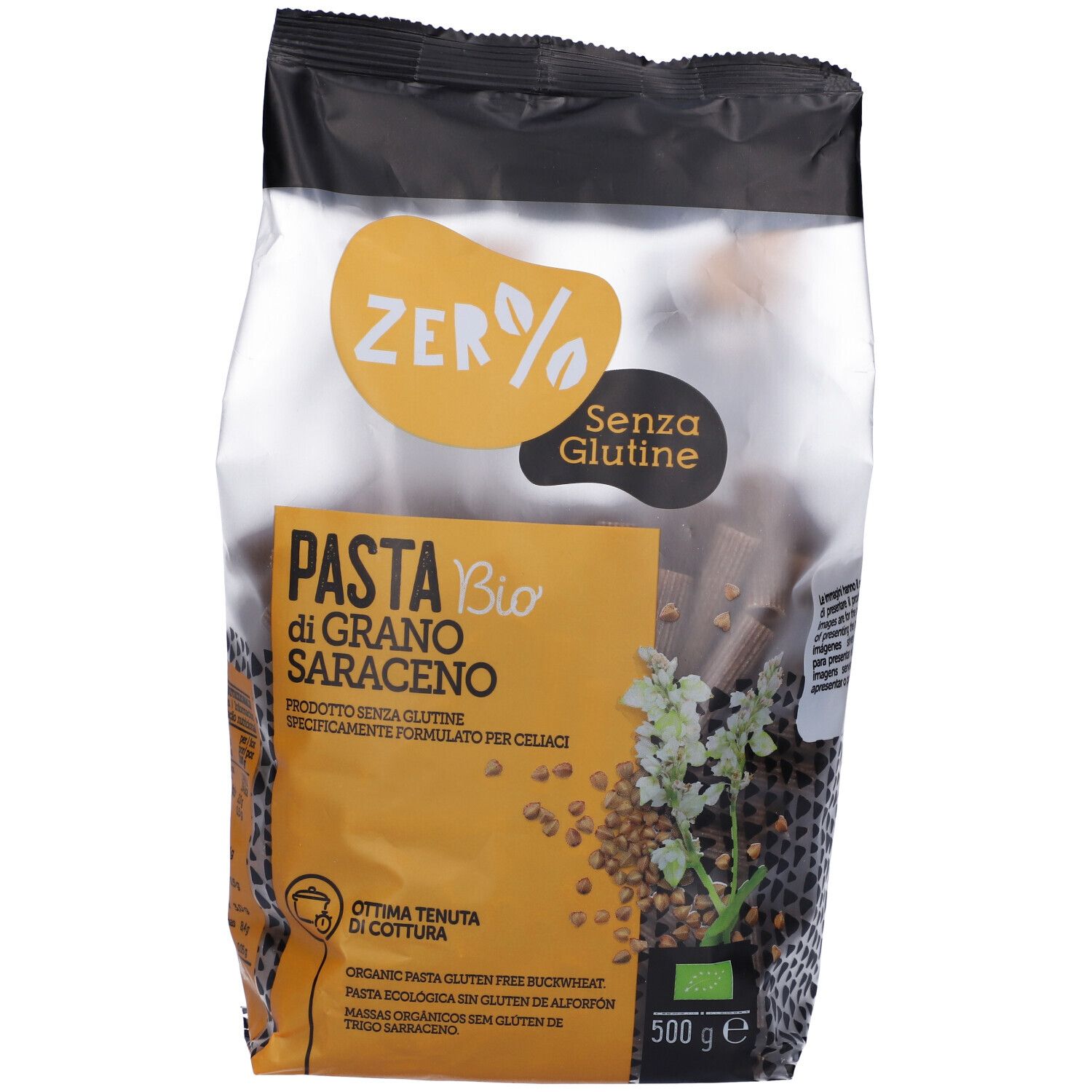 Confezione di rigatoni di grano saraceno. Confezione nera e trasparente con nome del prodotto e logo.