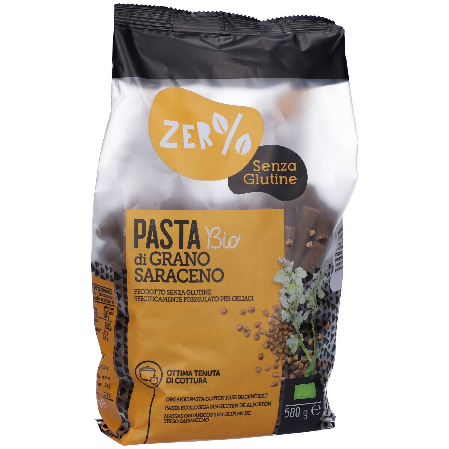 Confezione di rigatoni di grano saraceno. Confezione nera e trasparente con nome del prodotto e logo.
