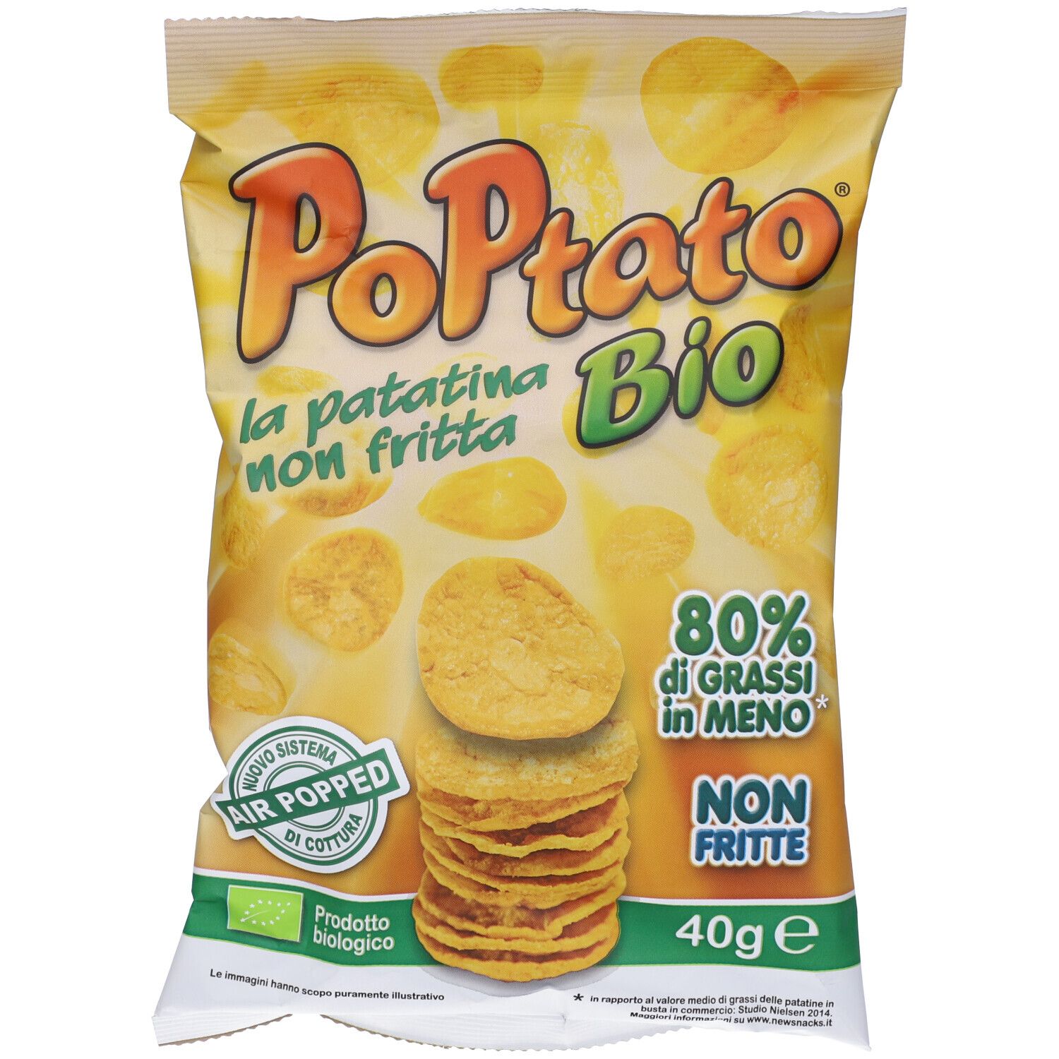Confezione "PoPtato Bio". Scritta "la patatina non fritta". Pila di patatine. Testo: 80% di grassi in meno, non fritte, 40g.