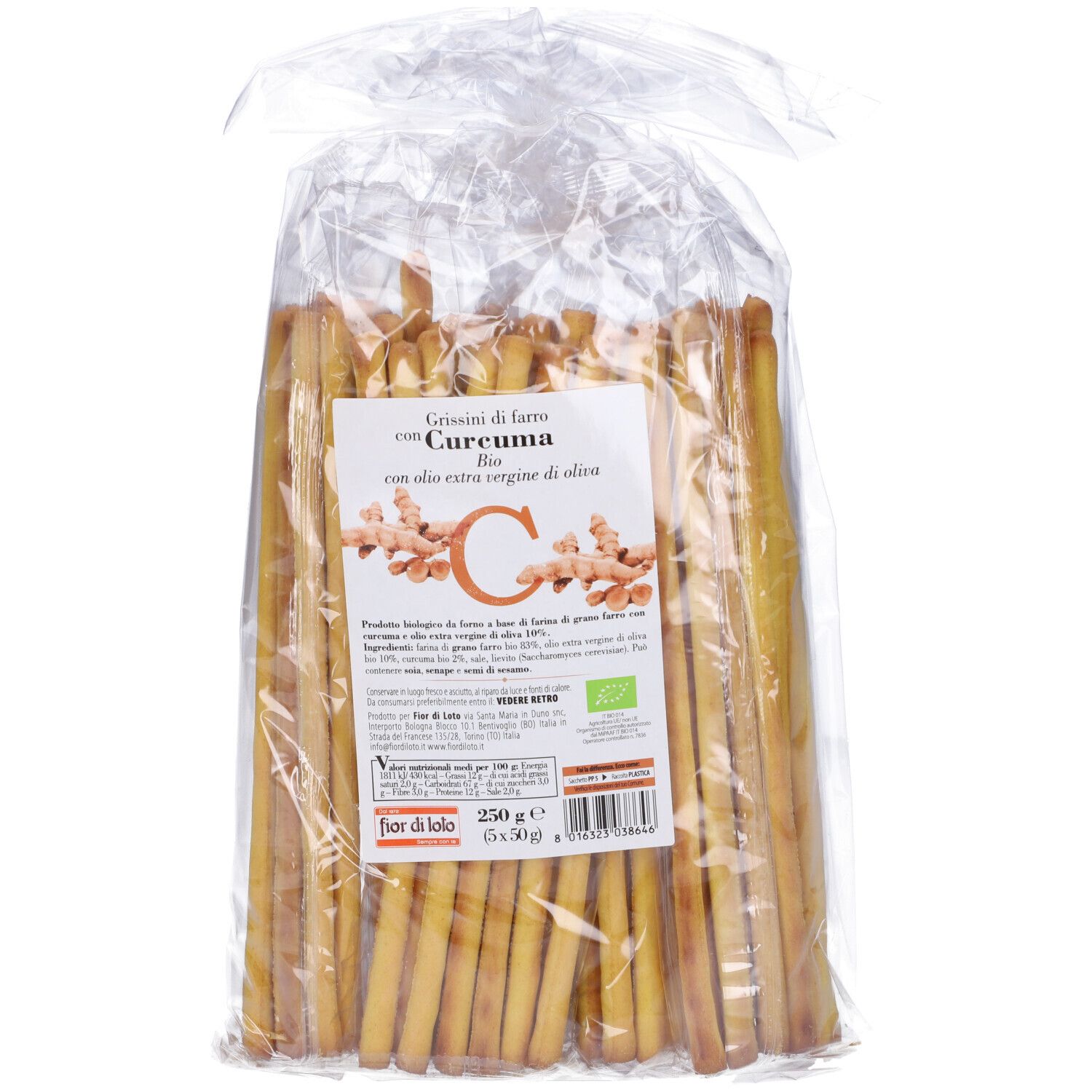 Confezione di grissini. Grissini dorati in sacchetto trasparente. Etichetta con testo e marchio bio.