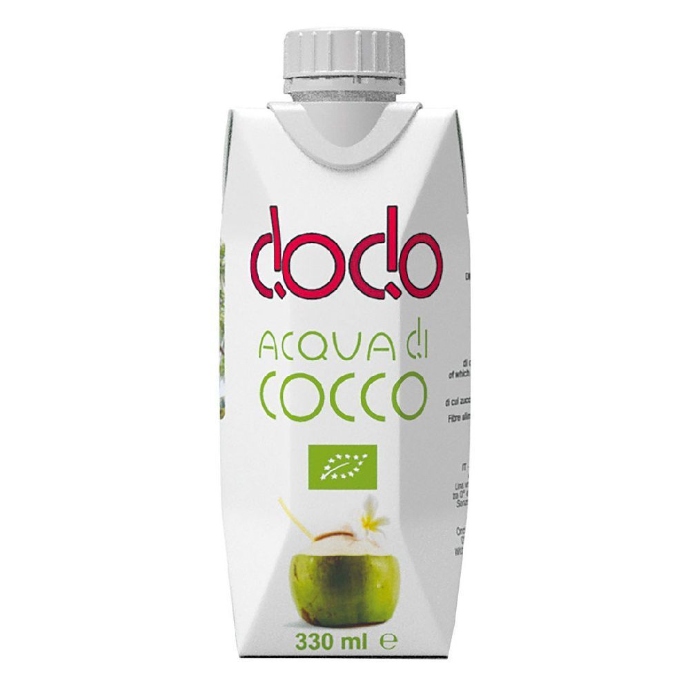 Confezione bianca per bevande con tappo a vite. Scritta "dodo Acqua di Cocco". Sigillo biologico e illustrazione di cocco.