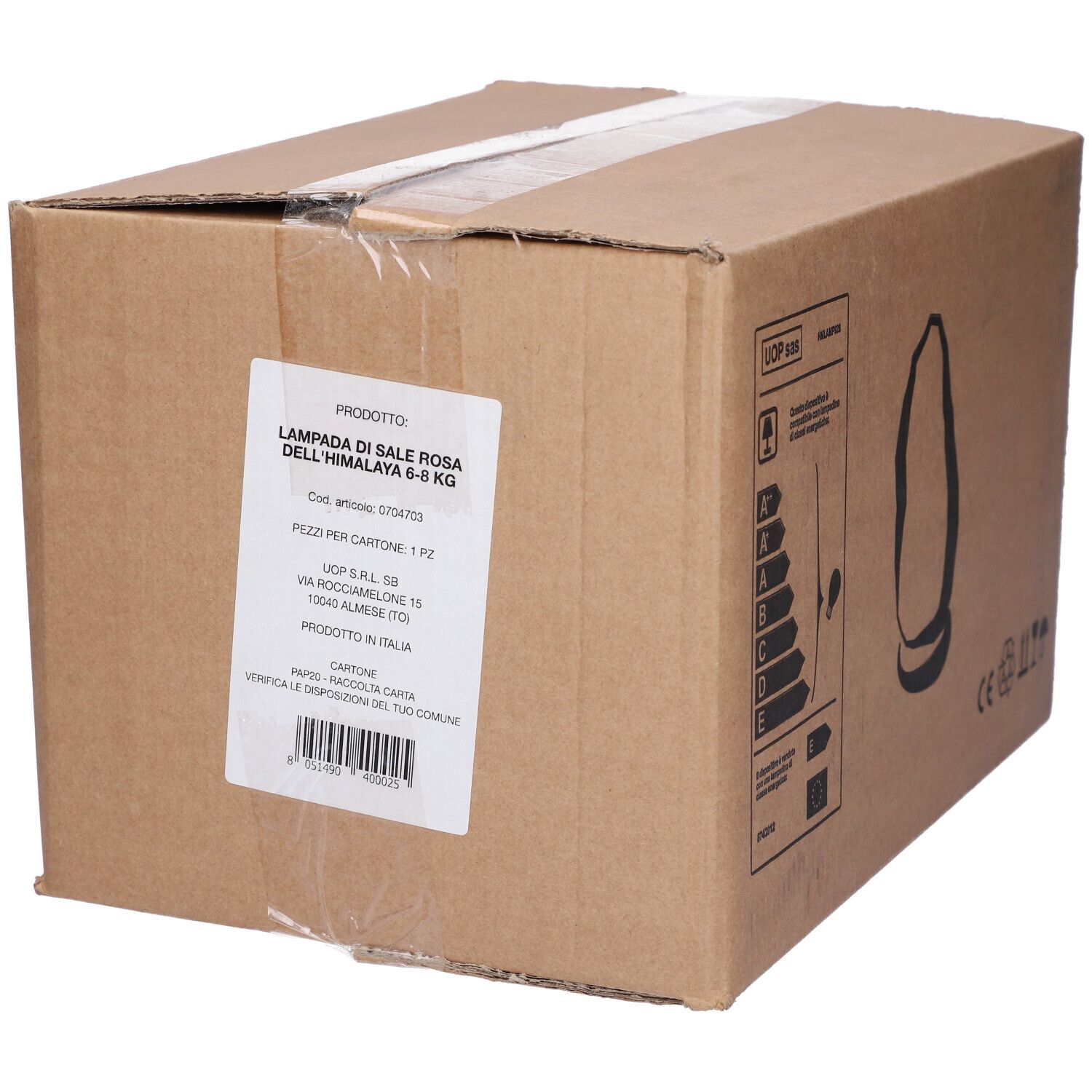 Scatola di cartone con etichetta prodotto. Scritto: Lampada di Sale Rosa dell'Himalaya 6-8 KG.