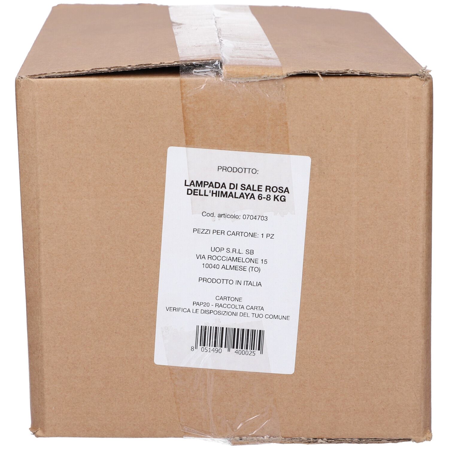 Scatola di cartone con etichetta prodotto. Scritto: Lampada di Sale Rosa dell'Himalaya 6-8 KG.
