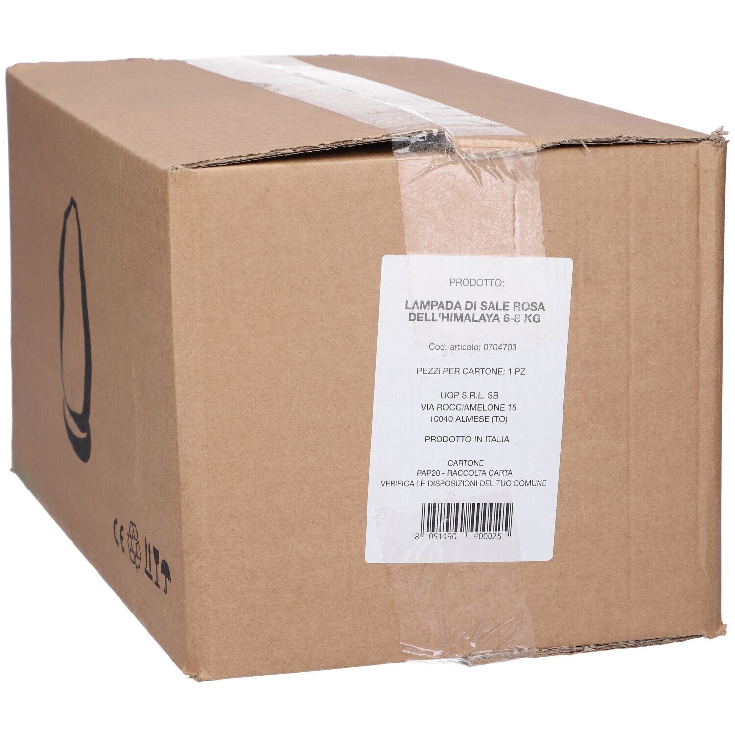 Scatola di cartone con etichetta prodotto. Scritto: Lampada di Sale Rosa dell'Himalaya 6-8 KG.