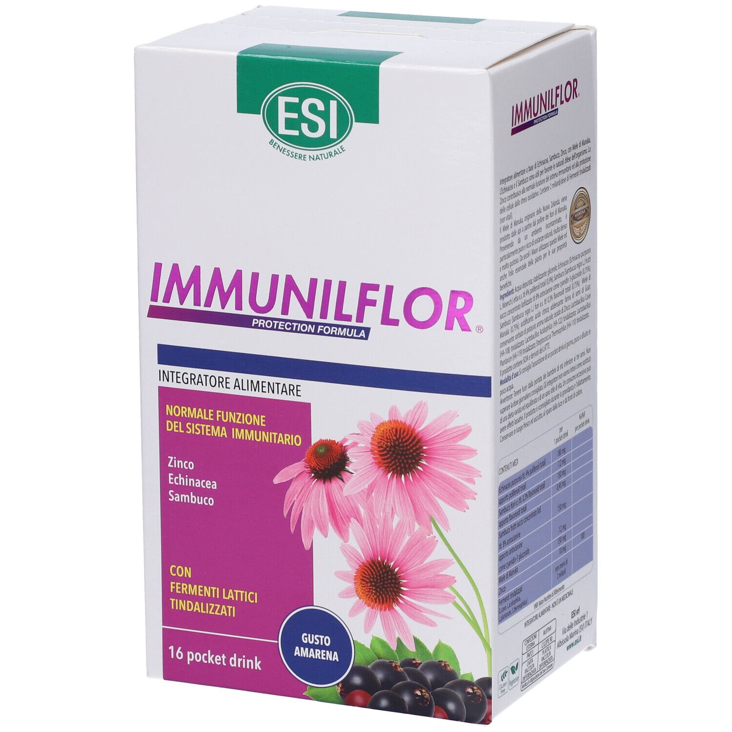 ESI Immunilflor Pocket Drink. Confezione del prodotto con testo e immagine. Contiene 16 pocket drink. Gusto: Amarena.