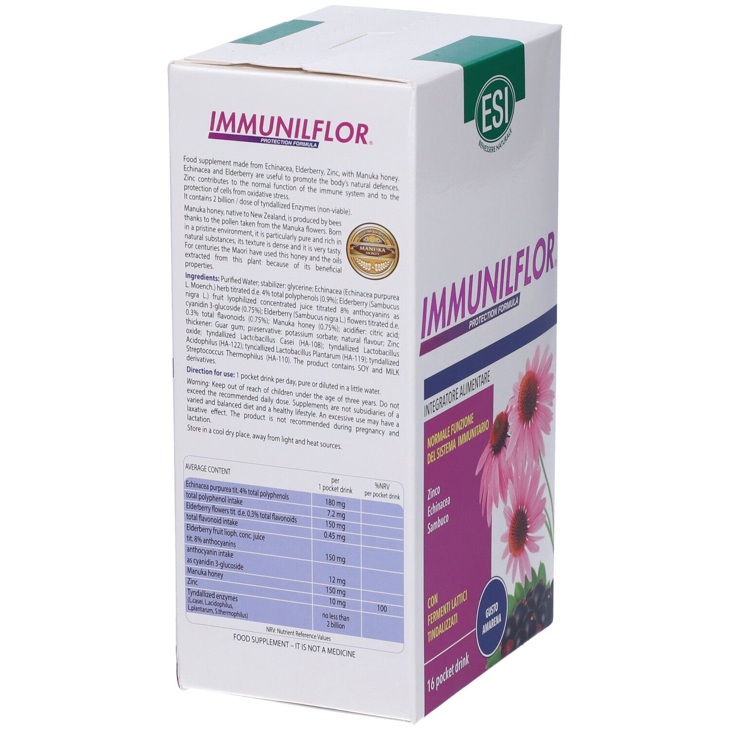 ESI Immunilflor Pocket Drink. Confezione del prodotto con testo e immagine. Contiene 16 pocket drink. Gusto: Cherry.
