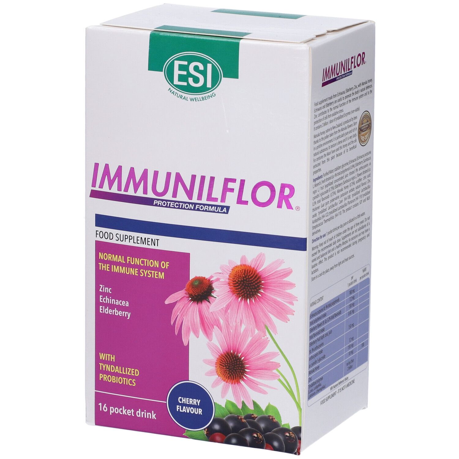ESI Immunilflor Pocket Drink. Confezione del prodotto con testo e immagine. Contiene 16 pocket drink. Gusto: Amarena.