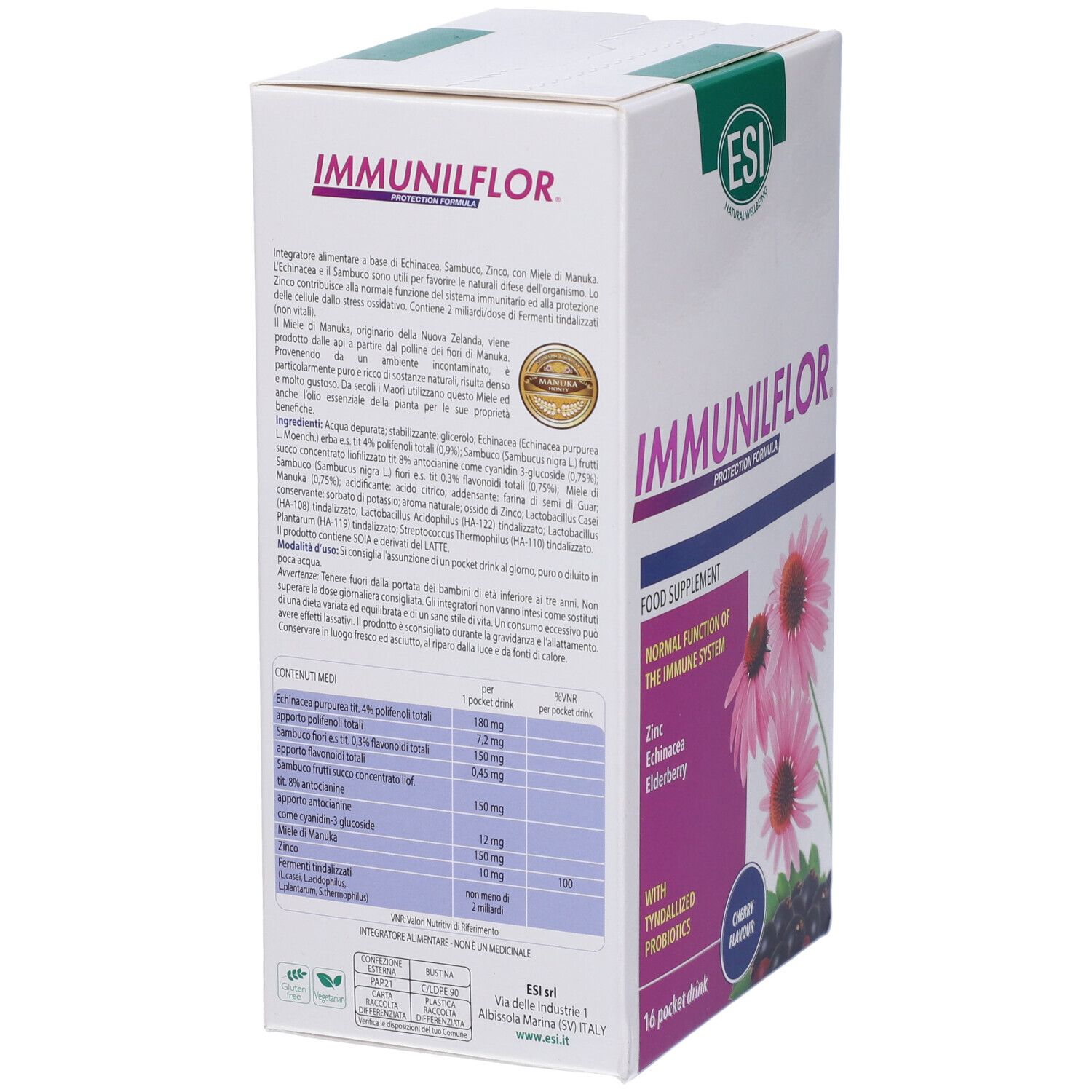 ESI Immunilflor Pocket Drink. Confezione del prodotto con testo e immagine. Contiene 16 pocket drink. Gusto: Amarena.