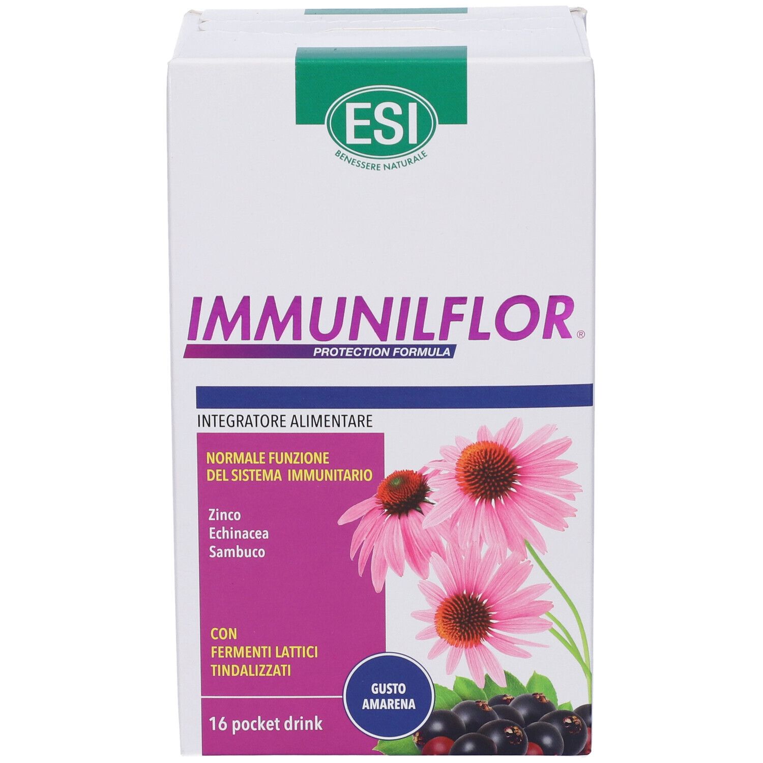 ESI Immunilflor Pocket Drink. Confezione del prodotto con testo e immagine. Contiene 16 pocket drink. Gusto: Amarena.