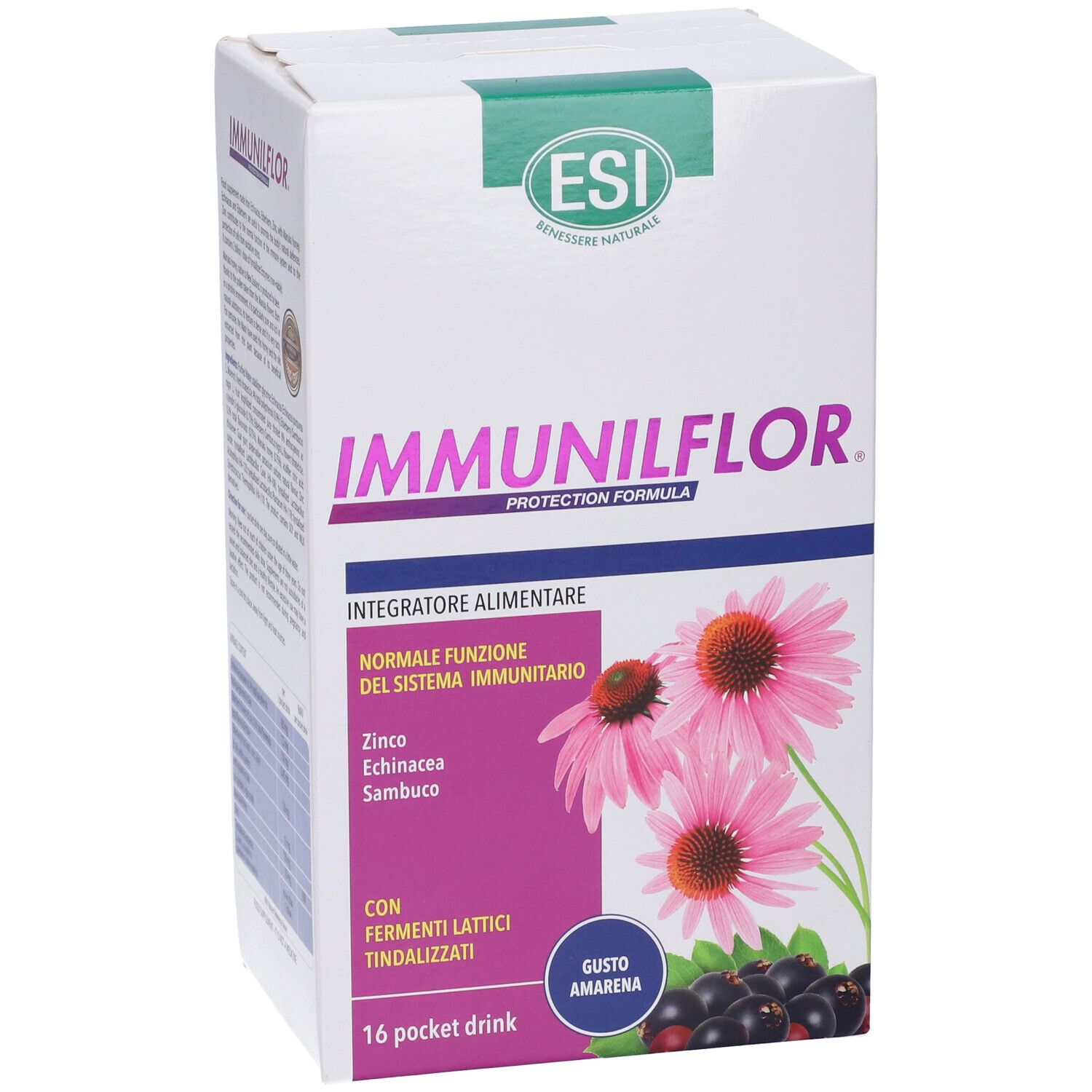 ESI Immunilflor Pocket Drink. Confezione del prodotto con testo e immagine. Contiene 16 pocket drink. Gusto: Amarena.