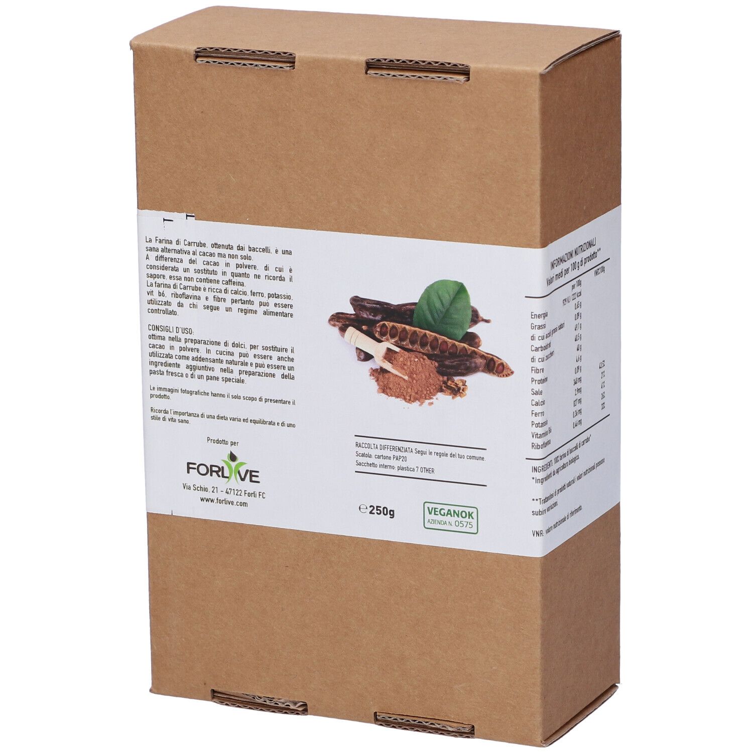 Confezione in cartone marrone con etichetta bianca. Scritta: Farina di Carrube Bio. Testo sul prodotto. Sigillo biologico. 250g.