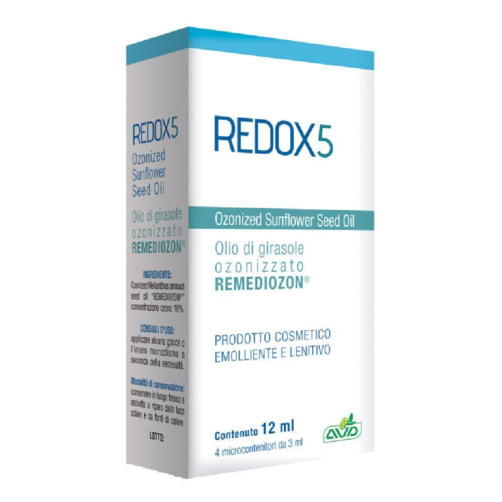 Confezione di Redox 5, 12 ml. Scritta: Olio di semi di girasole ozonizzato. Marchio AVD.