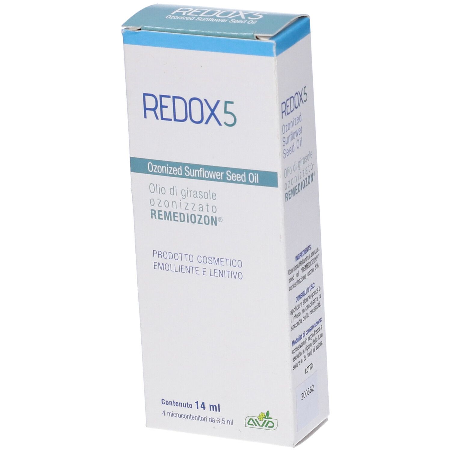 Confezione di Redox 5, 14 ml. Scritta: Olio di semi di girasole ozonizzato. Marchio AVD.