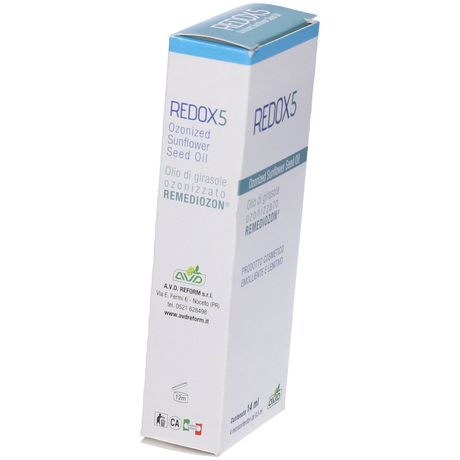 Confezione di Redox 5, 14 ml. Scritta: Olio di semi di girasole ozonizzato. Marchio AVD.