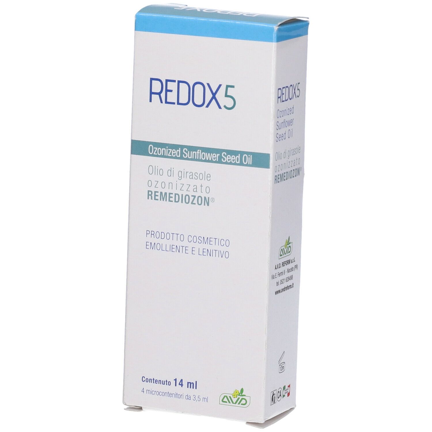 Confezione di Redox 5, 14 ml. Scritta: Olio di semi di girasole ozonizzato. Marchio AVD.