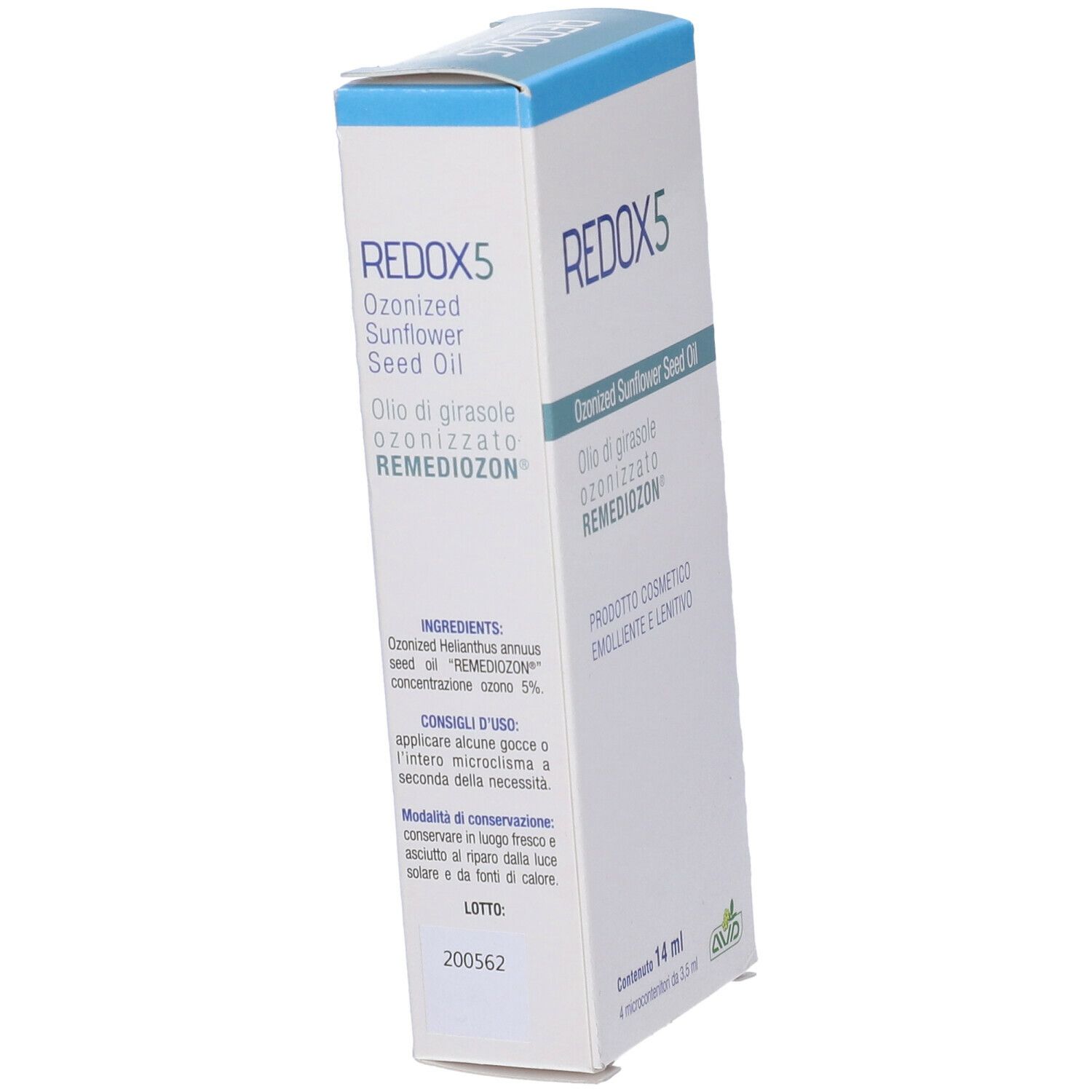 Confezione di Redox 5, 14 ml. Scritta: Olio di semi di girasole ozonizzato. Marchio AVD.