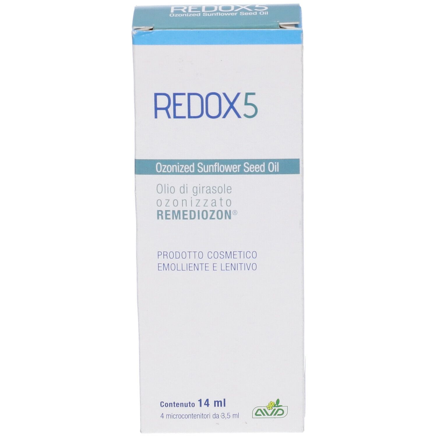 Confezione di Redox 5, 14 ml. Scritta: Olio di semi di girasole ozonizzato. Marchio AVD.
