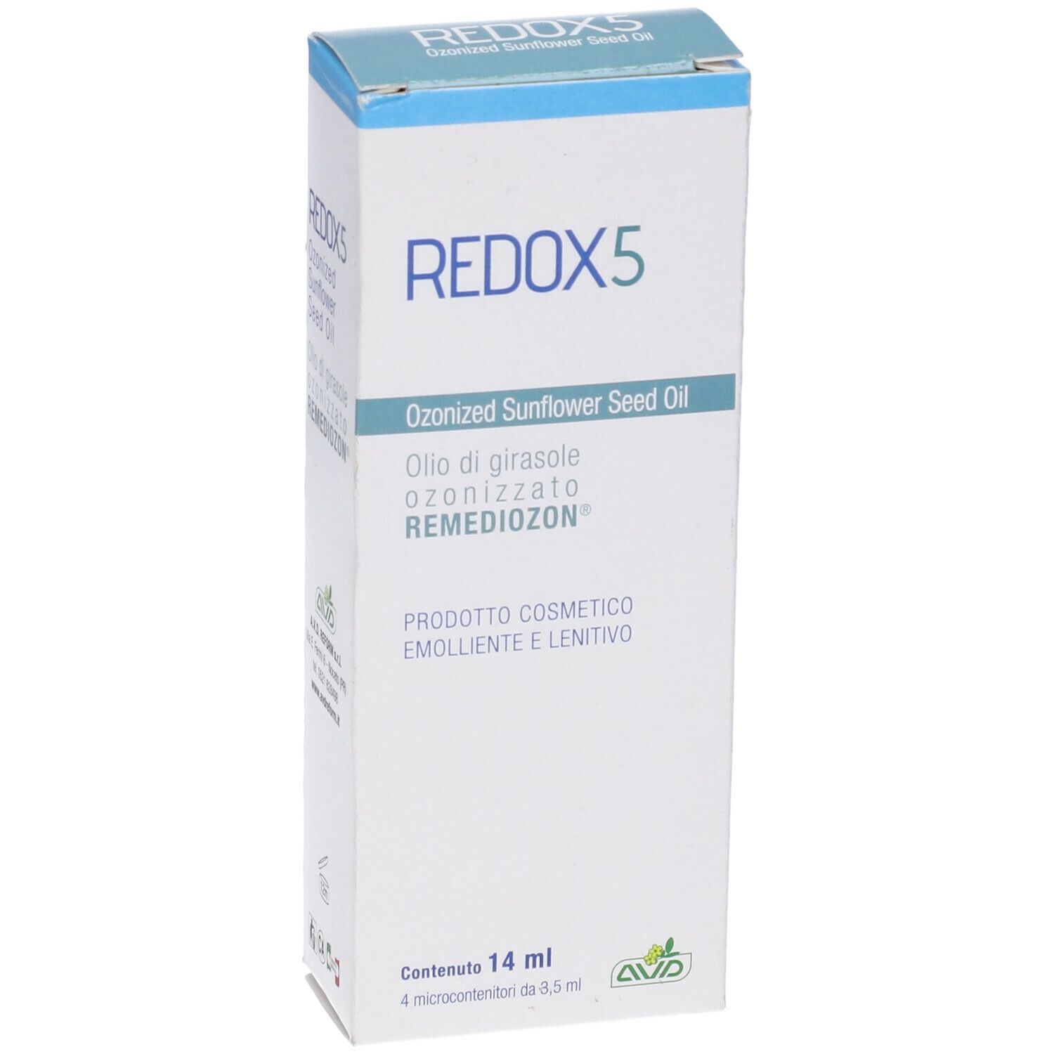Confezione di Redox 5, 14 ml. Scritta: Olio di semi di girasole ozonizzato. Marchio AVD.