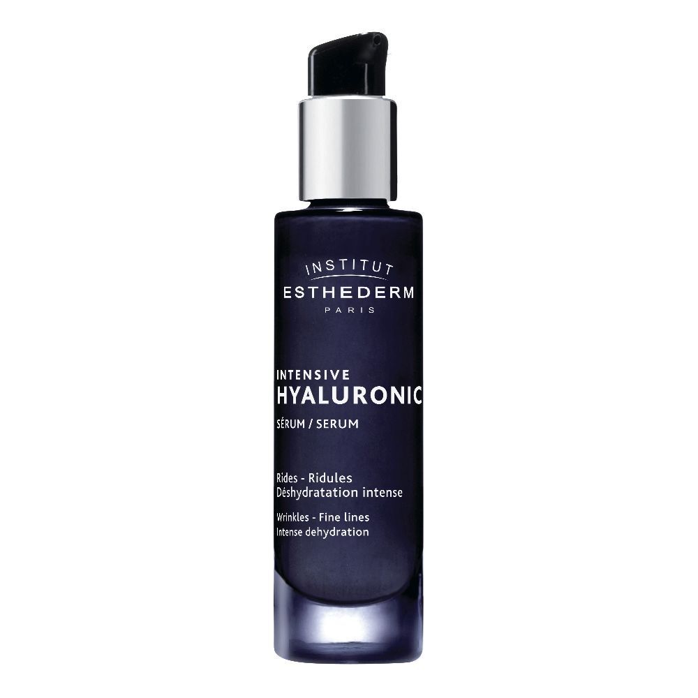 Flacone di siero blu scuro con erogatore argentato. Scritta: INSTITUT ESTHEDERM, INTENSIVE HYALURONIC SERUM.