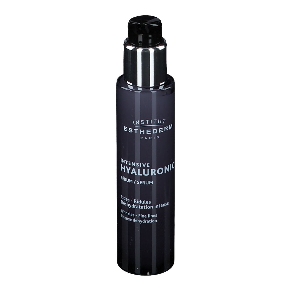 Flacone di siero blu scuro con erogatore argentato. Scritta: INSTITUT ESTHEDERM, INTENSIVE HYALURONIC SERUM.